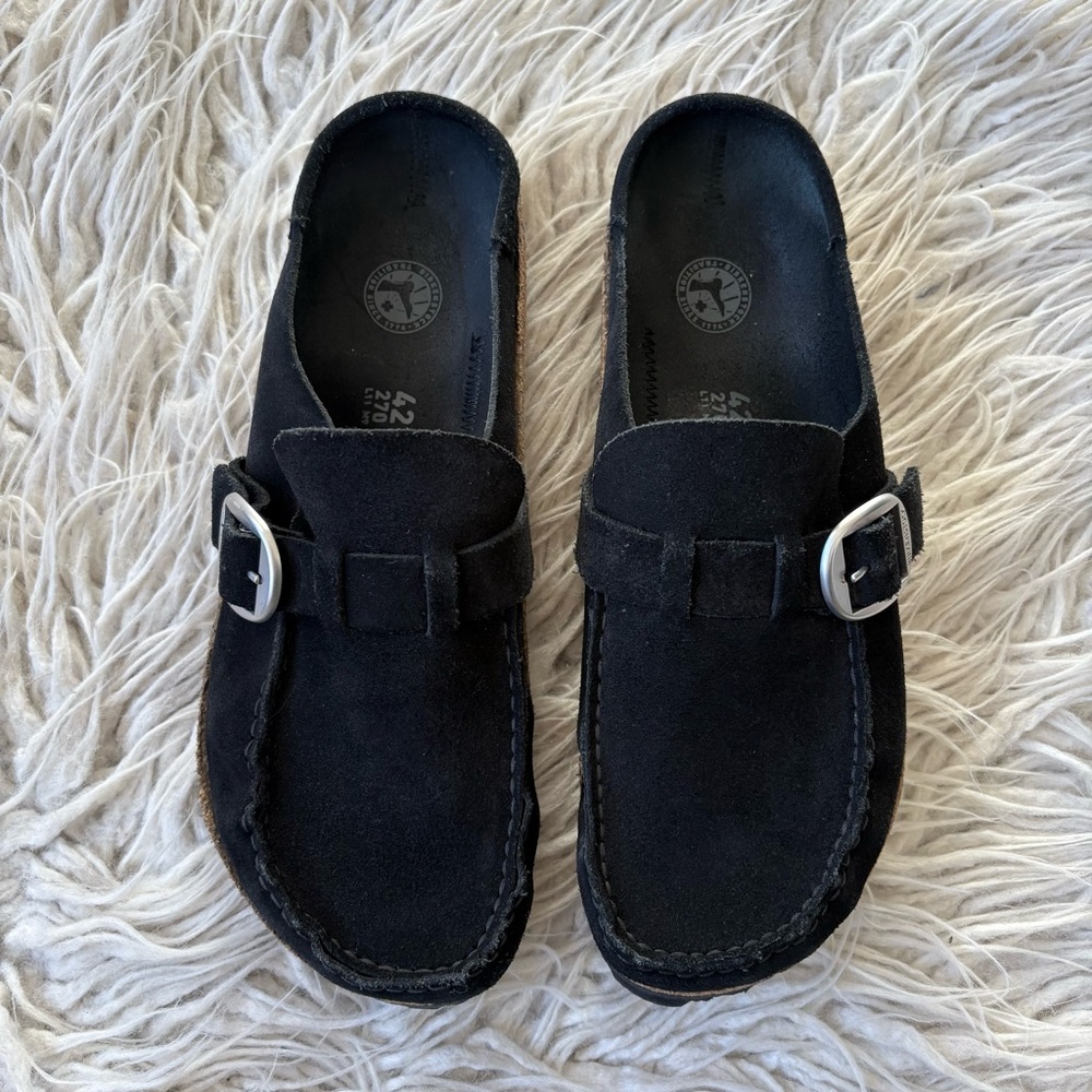 Birkenstock Buckley Black Suede Leather Buckle Slip On Moccasin Mule Shoes 42E - Picture 7 of 12